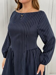Shapeblank 女款大尺碼藍色條紋長袖洋裝,優雅舒適,適合秋冬辦公室、早午餐、正式場合,老錢風秋季穿搭 - 藍色 - 查看 8