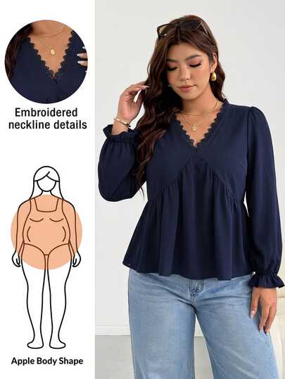 Shapeblank Blouse grande taille pour femmes, couleur unie avec dentelle contrastante, col en V, manches longues, style mode, blouse décontractée pour enseignante, pour femmes, automne/hiver, blouse décontractée pour sortir