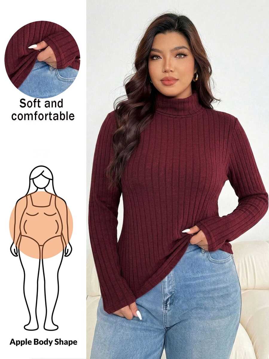 Shapeblank Women's Plus-Size Red Long-Sleeve Turtleneck T-Shirt – Slim-Fit, Stretchy, Warm, And Comfortable – Stylish Casual Wear For Autumn & Winter,Base Tops
