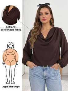 Shapeblank Plus Size Women's Draped Neck Solid Color Blouse Suitable For Dating, Vacation, Party, Daily Outings, Gatherings, Outdoor Activities - Brown - View 2