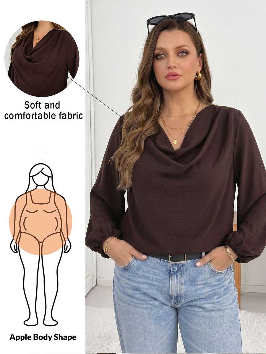 Shapeblank Plus Size Women's Draped Neck Solid Color Blouse Suitable For Dating, Vacation, Party, Daily Outings, Gatherings, Outdoor Activities
