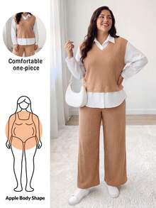 Shapeblank Women's Plus-Size White Brown Two Pieces Set: Casual Elegant, Loose-Fit Top And Wide-Leg Pants (Autumn/Winter), Airport Outfits, Formal Vacation Daily - Khaki - View 2
