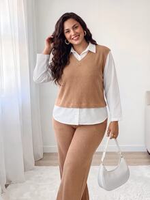 Shapeblank Women's Plus-Size White Brown Two Pieces Set: Casual Elegant, Loose-Fit Top And Wide-Leg Pants (Autumn/Winter), Airport Outfits, Formal Vacation Daily - Khaki - View 6