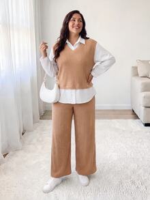 Shapeblank Women's Plus-Size White Brown Two Pieces Set: Casual Elegant, Loose-Fit Top And Wide-Leg Pants (Autumn/Winter), Airport Outfits, Formal Vacation Daily - Khaki - View 5