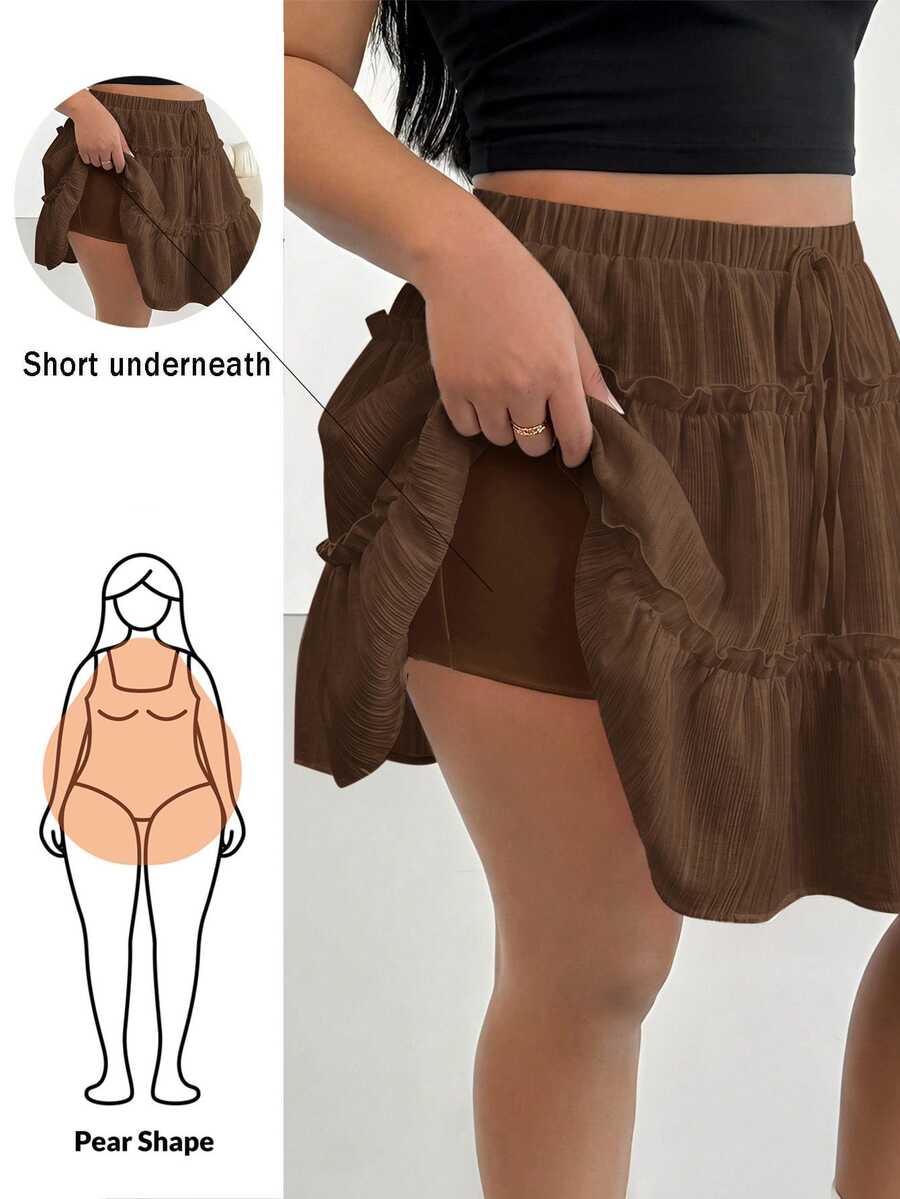 Shapeblank Plus Size Casual White Textured Elastic Waist Skort Summer Going Out Tennis Skirt Fall - Mocha Brown - View 1