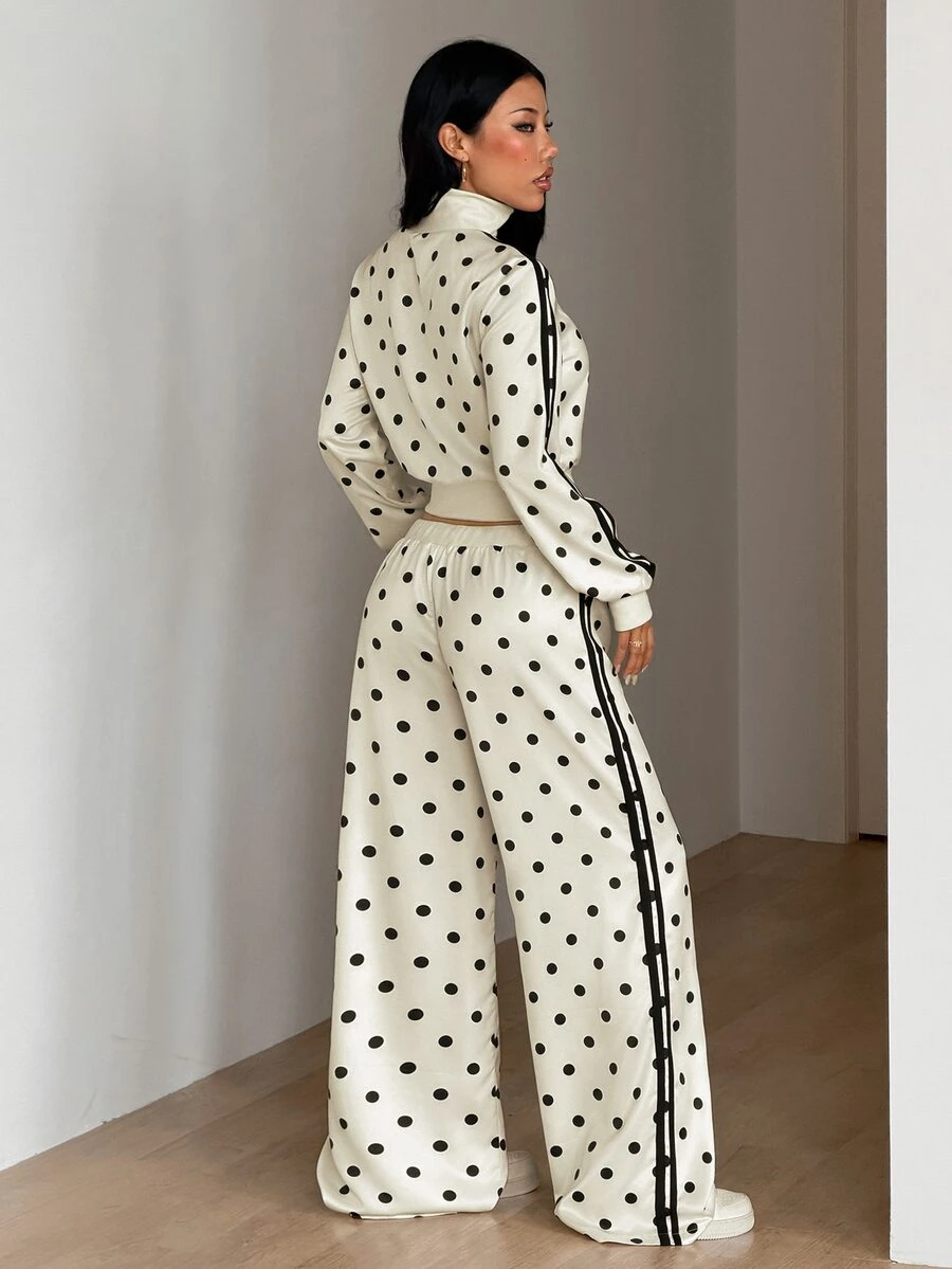 SHEIN ICON Women's Satin Sweet Fashion Polka Dot & Striped Print Drawstring Waist Loose Pants - Beige - View 1