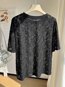 Comfortcana Plus Size Women's French Vacation Lace Short Sleeve Top For Date And Outing - Black - View 2