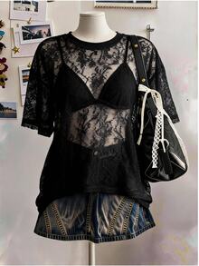 Comfortcana Plus Size Women's French Vacation Lace Short Sleeve Top For Date And Outing - Black - View 1