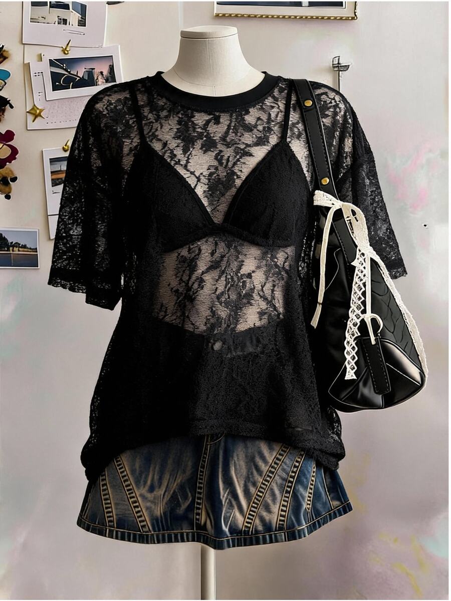 Comfortcana Plus Size Women's French Vacation Lace Short Sleeve Top For Date And Outing - Black - View 1