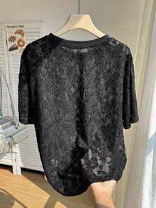 Comfortcana Plus Size Women's French Vacation Lace Short Sleeve Top For Date And Outing - Black - View 3