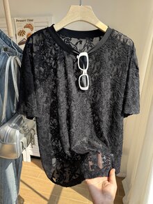 Comfortcana Plus Size Women's French Vacation Lace Short Sleeve Top For Date And Outing - Black - View 5