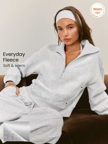 GLOWMODE Cozy Street Collection Everyday Fleece Cozy Nights Relaxed-Fit Collared Half-Zip Sweatshirt With Rivet-Detail Pockets Daily Casual Fall Winter Wear - Grey - View 1