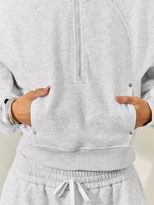 GLOWMODE Cozy Street Collection Everyday Fleece Cozy Nights Relaxed-Fit Collared Half-Zip Sweatshirt With Rivet-Detail Pockets Daily Casual Fall Winter Wear - Grey - View 4