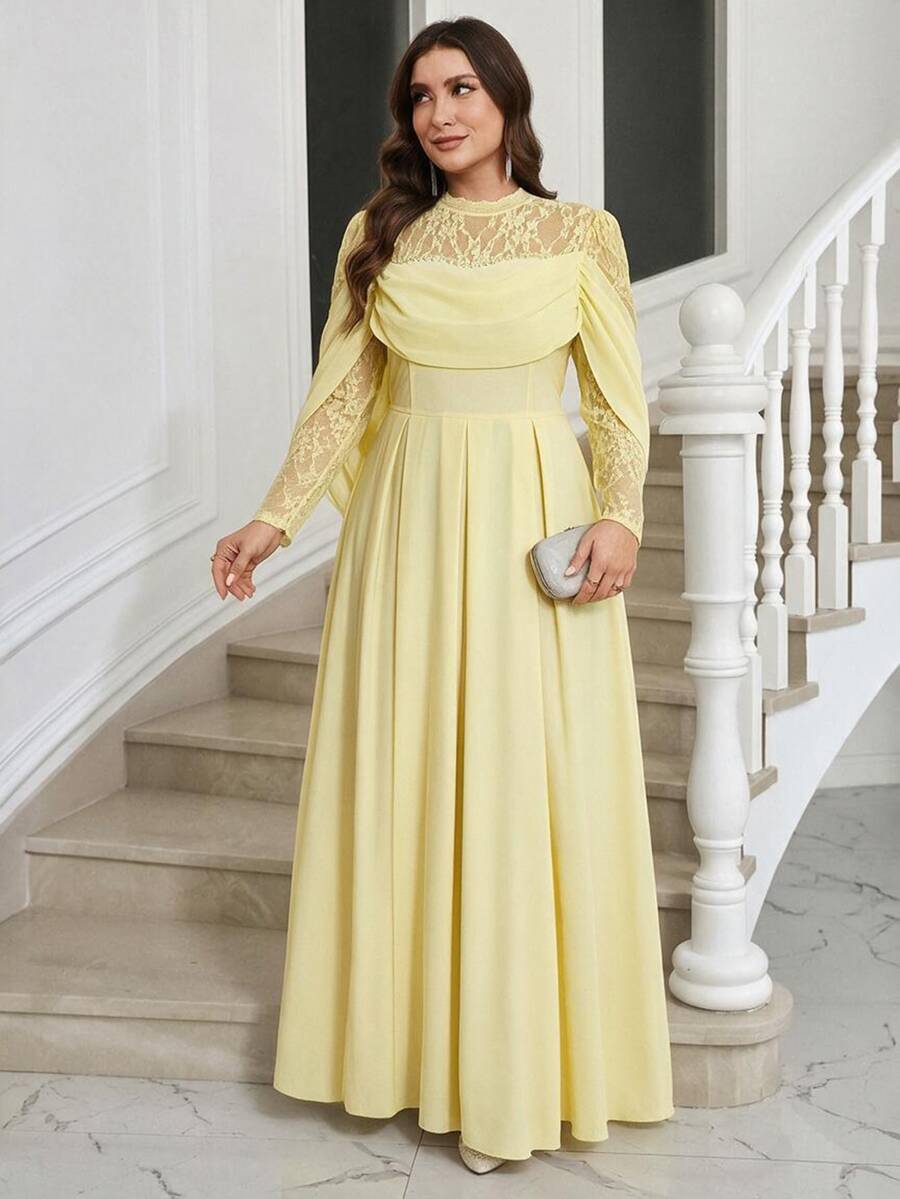 Reflora Plus Size Elegant Celestial Glamour Party Birthday Dinner Formal Evening Solid Color Lace Patchwork Dress Wedding Soft Yellow Autumn Wedding Wedding