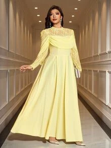 Reflora فستان سهرة رسمي أنيق بمقاس كبير بتصميم سماوي ساحر للحفلات والعشاء، بلون سادة مع تطريز دانتيل مرقع، أصفر ناعم، مناسب لحفلات الزفاف في الخريف - أصفر - مشاهدة 7