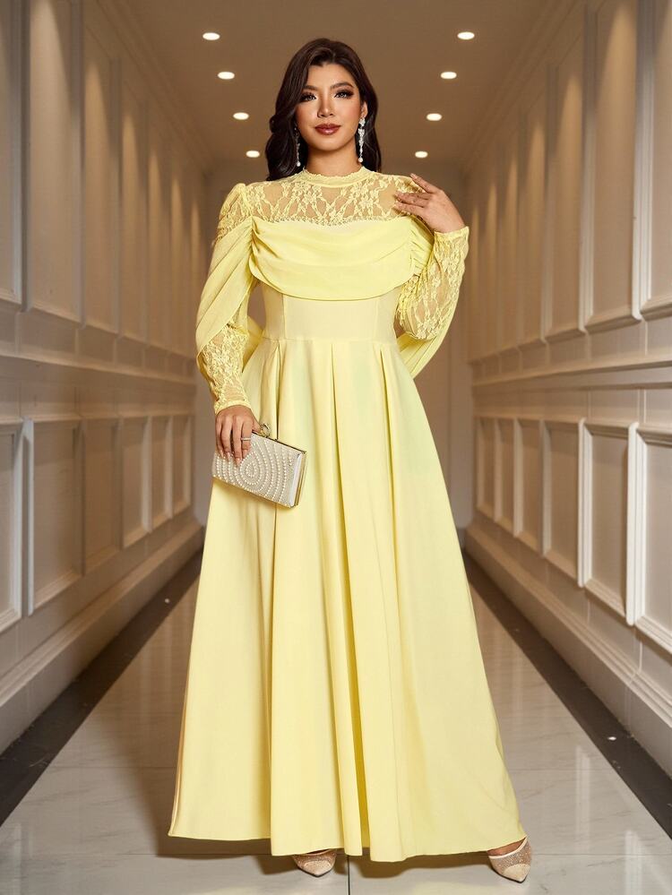 Reflora Plus Size Elegant Celestial Glamour Party Dinner Formal Evening Solid Color Lace Patchwork Dress Wedding Soft Yellow Autumn Wedding Wedding - Yellow - View 3