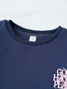 兒童青少年女孩秋冬保暖內裡趣味字母印花長袖套頭衫，適合日常與返校穿著，休閒風格 - 藏蓝色 - 查看 5