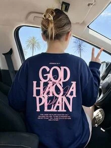 兒童青少年女孩秋冬保暖內裡趣味字母印花長袖套頭衫，適合日常與返校穿著，休閒風格 - 藏蓝色 - 查看 4