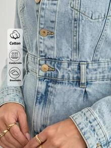 EURMUSE Casual Front Button Waist Cinched Denim Dress - Baby Blue - View 4