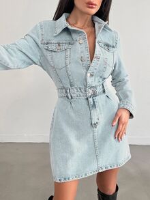 EURMUSE Casual Front Button Waist Cinched Denim Dress - Baby Blue - View 7
