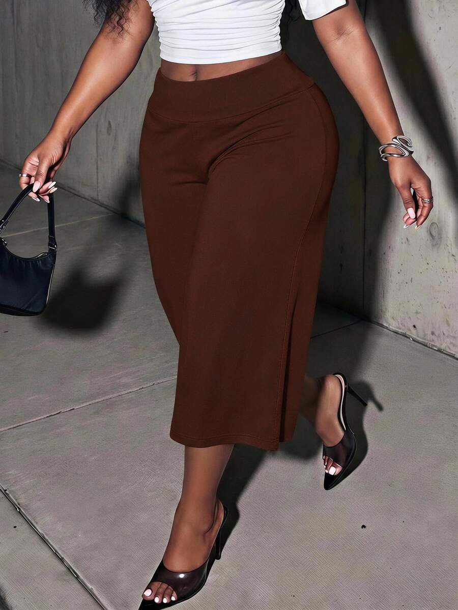 Slaydiva Plus Size Women's Solid Color Casual Modest Versatile Daily Wear Capri Pants Holiday Office Brown Summer - Rust Brown - View 1