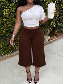 Slaydiva Plus Size Women's Solid Color Casual Modest Versatile Daily Wear Capri Pants Holiday Office Brown Summer - Rust Brown - View 3