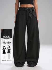 Sinnesro Grey Casual Trousers For Summer,Black And White Polka Dot,Classy,Office,Sophisticated Vintage-Inspired Relaxed Vacation Vibe Fashionable Chic Pants ,Petite Women - Grey - View 9