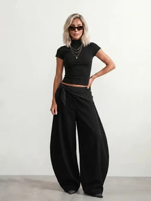 Sinnesro Grey Casual Trousers For Summer,Black And White Polka Dot,Classy,Office,Sophisticated Vintage-Inspired Relaxed Vacation Vibe Fashionable Chic Pants ,Petite Women - Grey - View 8