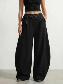 Sinnesro Grey Casual Trousers For Summer,Black And White Polka Dot,Classy,Office,Sophisticated Vintage-Inspired Relaxed Vacation Vibe Fashionable Chic Pants ,Petite Women - Grey - View 4