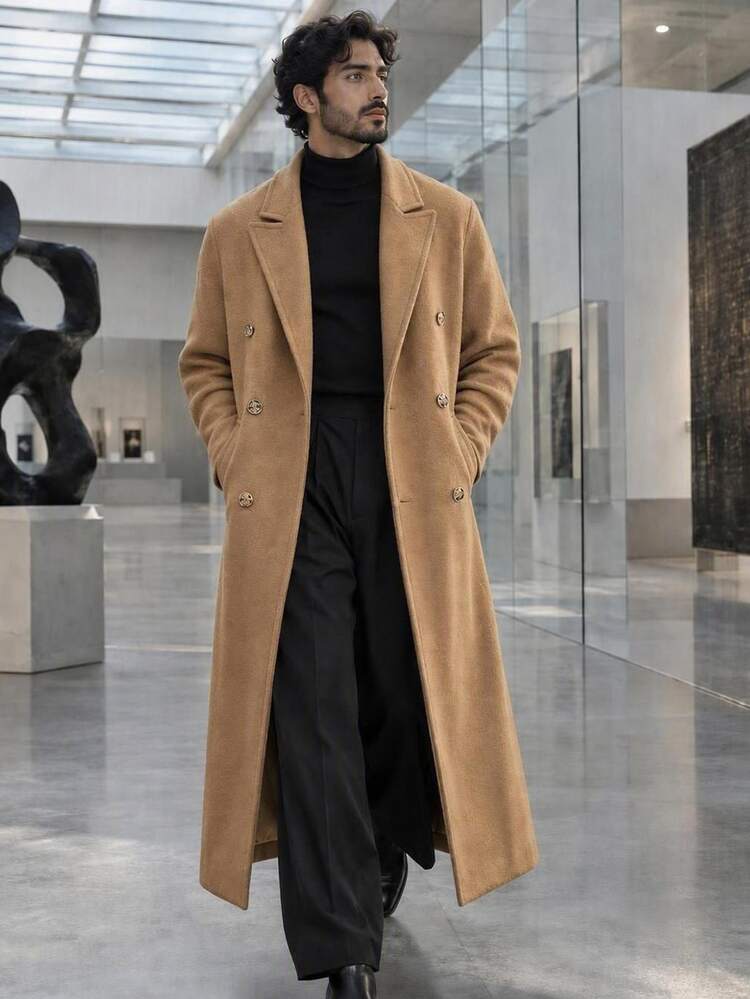 HIMLAND Men Solid Camel Double Breasted Long Coat Wide Lapel Mid-Length Flap Pockets Warm Casual Fall Winter Overcoat Halloween Winter Party Autumn - Multicolor - View 5