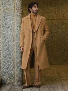 HIMLAND 男士純色駱駝色雙排扣長版大衣 寬領中長版翻蓋口袋保暖休閒秋冬大衣 萬聖節冬季派對秋季 - 彩色 - 查看 7