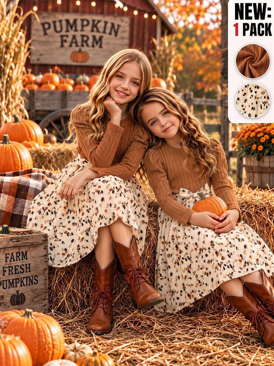 SHEIN Vintaside Kids Tween Girl Fashion Round Neck Long Sleeve Patchwork Print Colorblock Dress, Fall Dress, Elegant, Party, Daily, Casual, Comfortable - Brown - View 1