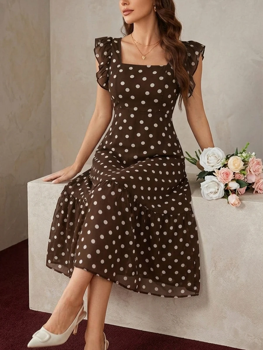 BELROSIE Ladies' Solid Color Simple Romantic French Everyday Sleeveless Dress Vacation Outfits Woman Picnic Brunch Tea Party Brown And White Polka Dot Summer