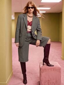 Arave Women's Woven Plaid Wool Blend H-Line Wide Shoulder Blazer & Loose Wide Leg Mid-Length Pants, Casual Commute Suit Set - Grey - View 13