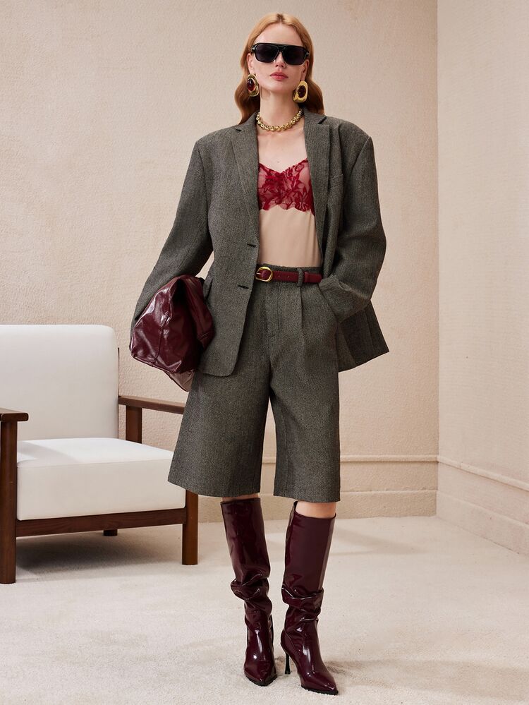 Arave Women's Woven Plaid Wool Blend H-Line Wide Shoulder Blazer & Loose Wide Leg Mid-Length Pants, Casual Commute Suit Set - Grey - View 3