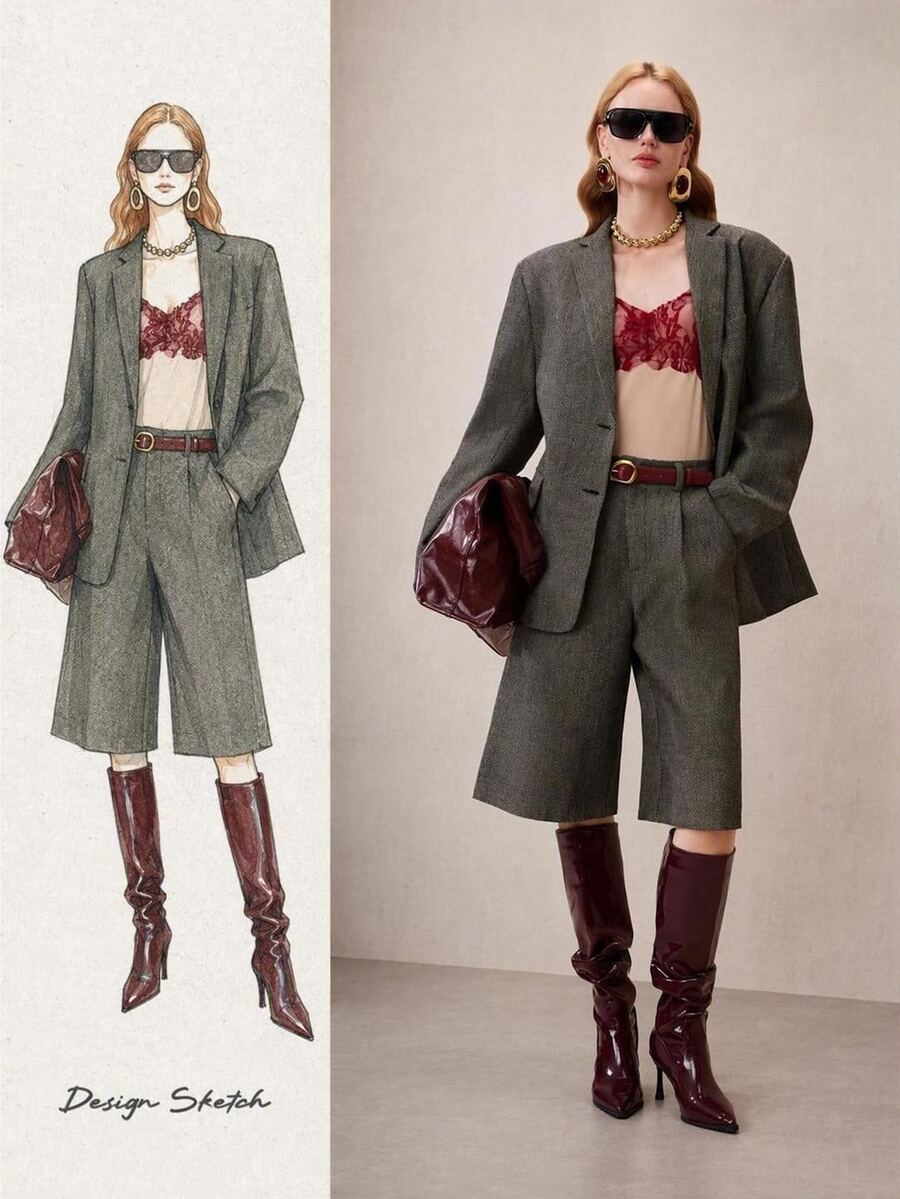 Arave Women's Woven Plaid Wool Blend H-Line Wide Shoulder Blazer & Loose Wide Leg Mid-Length Pants, Casual Commute Suit Set - Grey - View 1