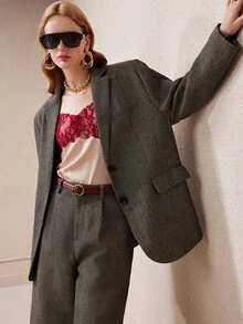 Arave Women's Woven Plaid Wool Blend H-Line Wide Shoulder Blazer & Loose Wide Leg Mid-Length Pants, Casual Commute Suit Set - Grey - View 5