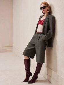 Arave Women's Woven Plaid Wool Blend H-Line Wide Shoulder Blazer & Loose Wide Leg Mid-Length Pants, Casual Commute Suit Set - Grey - View 8