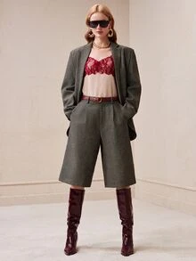 Arave Women's Woven Plaid Wool Blend H-Line Wide Shoulder Blazer & Loose Wide Leg Mid-Length Pants, Casual Commute Suit Set - Grey - View 11