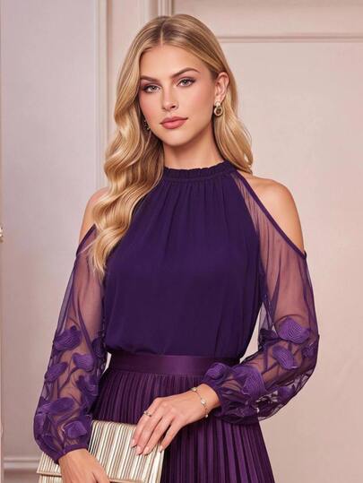 Amorya Contrast Mesh Cold Shoulder Blouse