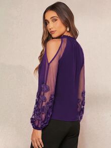 Amorya Contrast Mesh Cold Shoulder Blouse - Purple - View 2