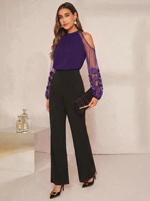 Amorya Contrast Mesh Cold Shoulder Blouse - Purple - View 6