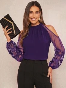 Amorya Contrast Mesh Cold Shoulder Blouse - Purple - View 8