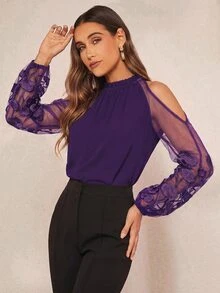 Amorya Contrast Mesh Cold Shoulder Blouse - Purple - View 7