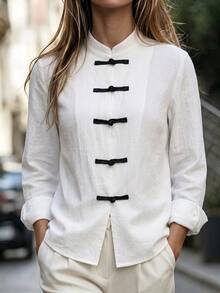 Balvessa Women Textured Fabric Stand Collar Front Button Minimalist Loose Daily New Chinese Style Outerwear - Black and White - View 7