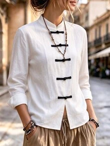 Balvessa Women Textured Fabric Stand Collar Front Button Minimalist Loose Daily New Chinese Style Outerwear - Black and White - View 6