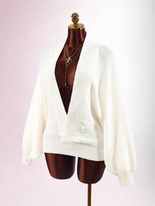 SHEIN ICON Robe tricotée Y2K décontractée pour femmes, coupe slim sexy, cintrée à la taille, col drapé croisé large, manches lanternes, moulante côtelée - Nude - Voir 3