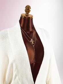 SHEIN ICON Robe tricotée Y2K décontractée pour femmes, coupe slim sexy, cintrée à la taille, col drapé croisé large, manches lanternes, moulante côtelée - Nude - Voir 7