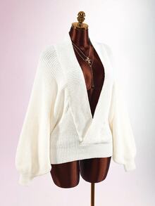 SHEIN ICON Robe tricotée Y2K décontractée pour femmes, coupe slim sexy, cintrée à la taille, col drapé croisé large, manches lanternes, moulante côtelée - Nude - Voir 6