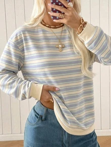 SHEIN EZwear 女款休閒寬鬆條紋運動衫，秋冬女裝 - 白色 - 查看 5